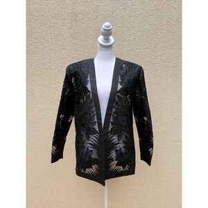 Black Thai 100%  silk floral embroidered sheer cover up evening  blazer jacket